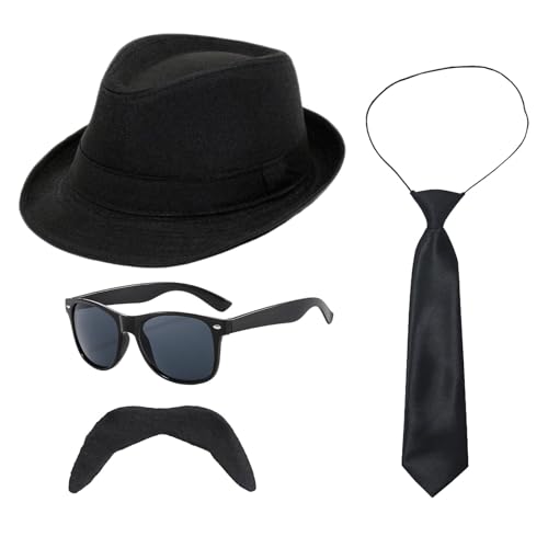 UILYNIU 4 Stück Gangster Kostüm Herren, 1920s Jahre Herren Accessoires Schwarz Hut Gläser Krawatte Schnauzbart, Mafia Gatsby Panama Gangster Hut Erwachsene Kostüm fur Halloween Karneval (Schwarz) von UILYNIU