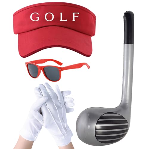 UILYNIU 4 Stück Golf Fasching Kostüm Zubehör, 76 cm Aufblasbare Golfschläger Rot Visor Hüte Handschuhe Sonnenbrille, Karneval Verkleidung Kostüm für Herren Damen Golf Party Kneipen Kleidung (4PCS) von UILYNIU