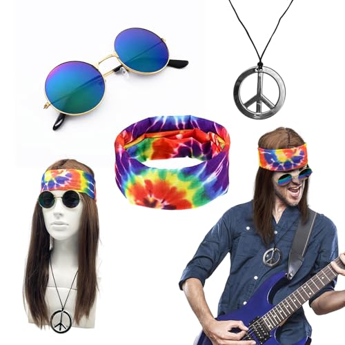 UILYNIU 4 Stück Hippie Kostüm Herren Damen Hippie Perücke Sonnenbrille Peace Halskette Anhänger Batik Stirnband 70er 80er Jahre Kostüm Perücke Herren für Cosplay Party Karneval Halloween (4 Stück) von UILYNIU