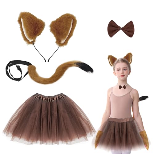 UILYNIU 4 Stück Kostüm Fuchs für Kinder, Fuchsohren Stirnband Fuchsschwanz Fuchs Fliege Mädchen Tutu, Faschingskostüm Fuchs TierOhren Cosplay für Kinder Karneval Halloween Tierkostüm (Fuchs) von UILYNIU