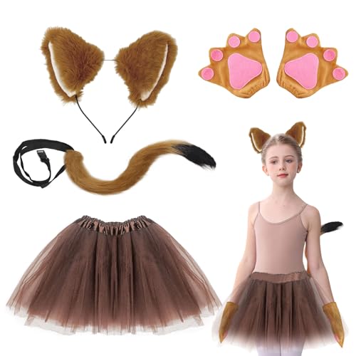 UILYNIU 4 Stück Kostüm Fuchs für Kinder, Fuchsohren Stirnband Fuchsschwanz Fuchs Pfoten Handschuhe Mädchen Tutu, Faschingskostüm Fuchs ohren Cosplay für Kinder Karneval Halloween Tierkostüm (Fuchs) von UILYNIU