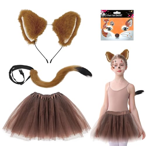 UILYNIU 4 Stück Kostüm Fuchs für Kinder, Fuchsohren Stirnband Fuchsschwanz Fuchs Tattoo Gesicht Mädchen Tutu, Faschingskostüm Fuchs Cosplay für Karneval Halloween Tierkostüm Fuchs Ohren (Fox) von UILYNIU