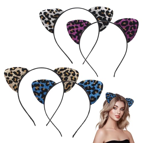 UILYNIU 4 Stück Leopard Stirnband für Kinder Erwachsener, Haarreif Leopard Ohren, Tier Ohren Haarreif, Tier Stirnbänder Katze Haarbänder Haarschmuck für Mädchen Damen Halloween Kostüm (4PCS) von UILYNIU