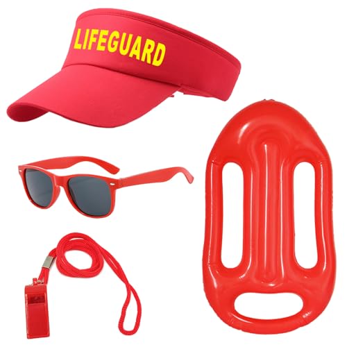 UILYNIU 4 Stück Lifeguard Fasching Kostüm Herren Damen, Lifeguard Visor Cap Sonnenbrille Sportpfeifen Boje Rettungsring, Bademeister Kostüm für Rettungsschwimmer Erwachsener Halloween Karneval (Rot) von UILYNIU