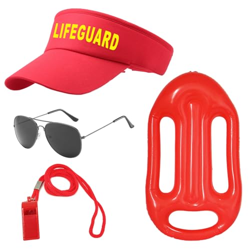 UILYNIU 4 Stück Lifeguard Fasching Kostüm Herren Damen, Lifeguard Visor Cap Sonnenbrille Sportpfeifen Boje Rettungsring, Bademeister Kostüm für Rettungsschwimmer Erwachsener Halloween Karneval (4PCS) von UILYNIU