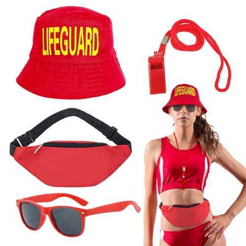 UILYNIU 4 Stück Lifeguard Fasching Kostüm Herren Damen, Rot Baywatch Fischerhüte Sonnenbrille Sportpfeifen Hüfttasche, Bademeister Kostüm für Rettungsschwimmer Erwachsener Halloween Karneval (4PCS) von UILYNIU