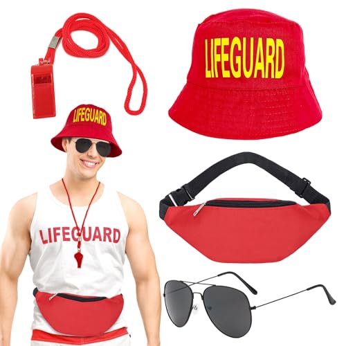 UILYNIU 4 Stück Lifeguard Kostüm, Rot Baywatch Fischerhüte Sonnenbrille Sportpfeifen Hüfttasche, Bademeister Fasching Kostüm für Herren Damen Rettungsschwimmer Erwachsener Halloween Karneval (Rot) von UILYNIU