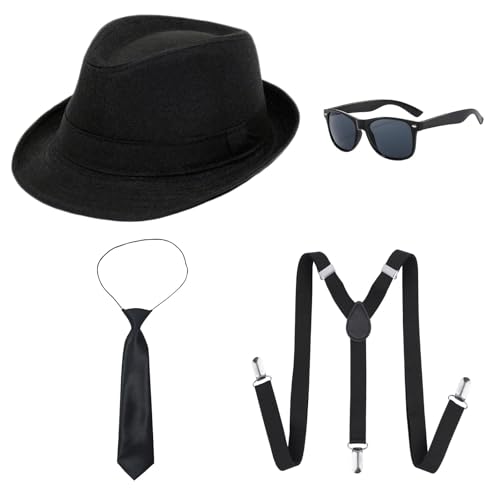 UILYNIU 4 Stück Mafia Gatsby Gangster Kostüm Herren, 1920s Jahre Herren Accessoires Hut Gläser Krawatte Hosenträger, Panama Gangster Hut Erwachsene Kostüm fur Halloween Karneval Kostümparty von UILYNIU