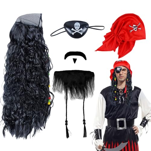 UILYNIU 4 Stück Piraten Kostüm Set Erwachsene Kinder Kapitän Piraten Perücke Piratenhut Schnurrbart Augenklappe Pirat Piratenkostüm Herren Damen Piraten Kapern für Halloween Karneval Cosplay (4 Stück) von UILYNIU