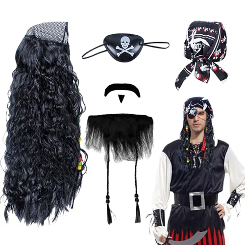 UILYNIU 4 Stück Schwarz Piraten Perücke Set Kapitän Perücke Piratenhut Schnurrbart Augenklappe Pirat Piraten Kostüm Herren Damen Kinder für Halloween Karneval Cosplay (4 Stück) von UILYNIU