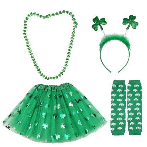 UILYNIU 4 Stück St. Patrick Kostüm Set Grüne Diademe Kleeblatt Stirnband Grüne Handschuhe Grüne Halskette Grüner Tutu Kleeblatt Kostüm Damen Mädchen Geeignet Irische Geschenke St. Patrick's Day Party von UILYNIU