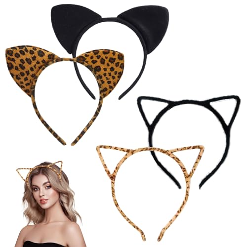 UILYNIU 4 Stück Tier Ohren Haarreif für Kinder Erwachsener, Katzenohren Stirnband, Haarreif Leopard Ohren, Tier Stirnbänder Katze Haarbänder Haarschmuck für Mädchen Damen Halloween Kostüm (4PCS, L) von UILYNIU