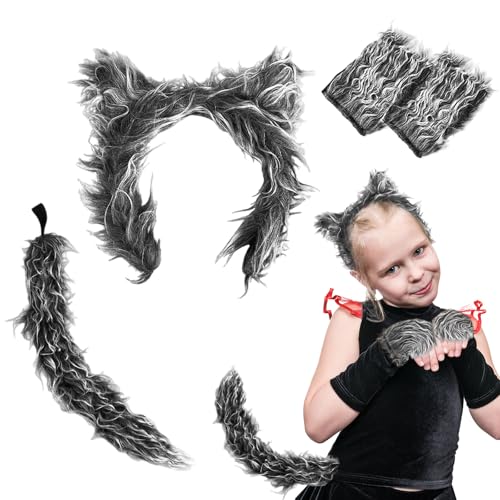 UILYNIU 4 Stück Wolf Kostüm Zubehör Set Wolf Ohren Handschuhe Wolf Schwanz Wolf Kostüm Furry Kostüm Halloween Kostüm Kinder Erwachsene Werwolf Kostüm Zubehör für Halloween Party Cosplay (4 Stück) von UILYNIU