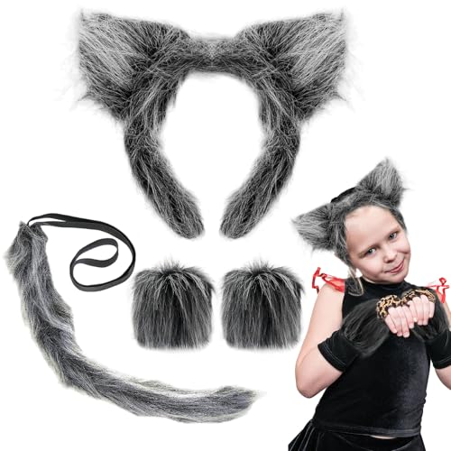 UILYNIU 4 Stück Wolf Kostüm Zubehör Set Wolf Ohren Handschuhe Wolf Schwanz Wolf Kostüm Werwolf Kostüm Zubehör Halloween Kostüm Kinder Erwachsene Furry Kostüm für Halloween Party Cosplay (4 Stück) von UILYNIU