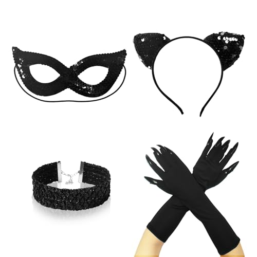 UILYNIU 4 Stücke Cat Woman Katzenkostüm, Katzenohren Haarreif Masken Halskette Katzenkralle Handschuhe, Katze Kostüm Zubehör,Maskerade Masken, Halloween Karneval Cosplay Party, Einheitsgröße (Schwarz) von UILYNIU