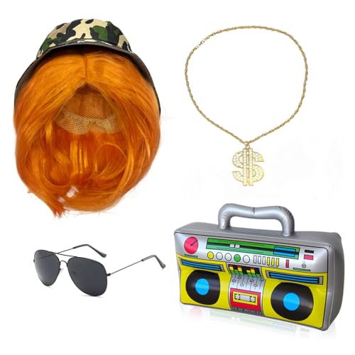 UILYNIU 5 Stück 80er 90er Hip Hop Kostüm Zubehör Ingwer Perücke Herren Perücke Eimer Hut Aufblasbare Boom Box Halskette Sonnenbrille Rapper Rock Perücke Hippie Zubehör für Karneval Party (5 Stück) von UILYNIU