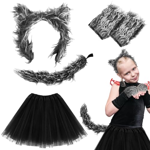 UILYNIU 5 Stück Wolf Kostüm Zubehör Set Wolf Ohren Handschuhe Wolf Schwanz Tutu Wolf Kostüm Kinder Furry Kostüm Werwolf Kostüm Zubehör für Halloween Party Cosplay(5 Stück) von UILYNIU