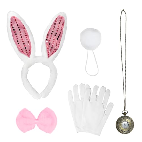 UILYNIU 5 Stücke Rosa Häschen Kostüm Zubehör Hasenohren Fliege Weiße Handschuhe Hasenschwanz Uhr Häschenkostüm Kinder Erwachsene Bunny Girl Cosplay für Ostern Welttag des Buches Hallowe(Rosa) von UILYNIU