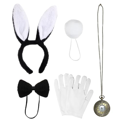 UILYNIU 5 Stücke Schwarz Häschen Kostüm Zubehör Hasenohren Fliege Handschuhe Hasenschwanz Uhr Häschenkostüm Kinder Erwachsene Bunny Girl Cosplay für Ostern Welttag des Buches Halloween Party (Schwarz) von UILYNIU