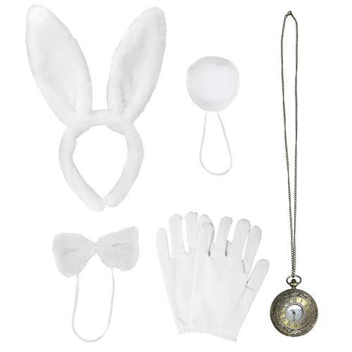 UILYNIU 5 Stücke Weiß Häschen Kostüm Zubehör Hasenohren Fliege Weiße Handschuhe Hasenschwanz Uhr Häschenkostüm Kinder Erwachsene Bunny Girl Cosplay für Ostern Welttag des Buches Halloween Party (Weiß) von UILYNIU