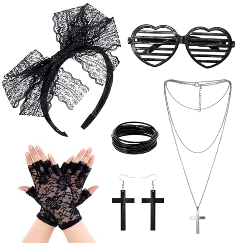 UILYNIU 6 Stück 80er Jahre Kostüm Zubehör Spitzen Stirnband Schwarze Ohrringe Spitzen Handschuhe 80er Jahre Retro Party Halskette Armband Brille 80er Damen 80er Jahre Accessoires für Party (Schwarz) von UILYNIU