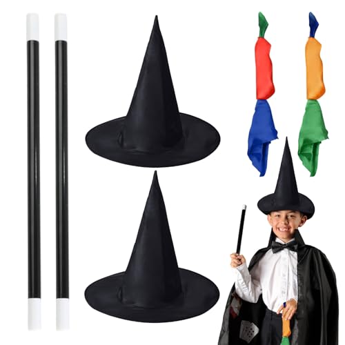 UILYNIU 6 Stück Anfänger Zaubertricks Kostüm Set mit Magie Hexenhut Zauberstab Farbwechsel Taschentuch, Neuheit Magie Requisiten Zauber Tricks Geburtstag Geschenk für Magier Kinder Erwachsener (6PCS) von UILYNIU