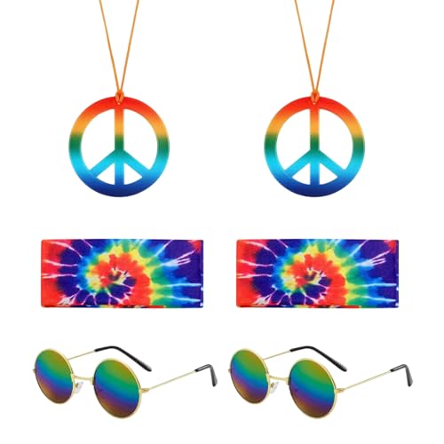 UILYNIU 6 Stück Hippie Accessoires Hippie Kostüm Damen Accessoires Hippie Kleidung Damen Zubehör, 70er Jahre Bekleidung Damen, Peace Kette, Hippie Brille Karneval Fasching von UILYNIU