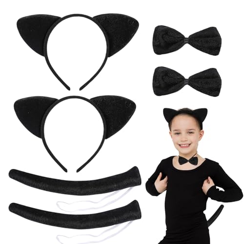 UILYNIU 6 Stücke Damen Kostüm Katze, Katze Kostüm Set mit Ohren Stirnband Schwanz, Tier Kostüm Set, Katzenohren Haarreif, Tierkostüm für Halloween Fasching Karneval Motto Cosplay Party (Schwarz) von UILYNIU