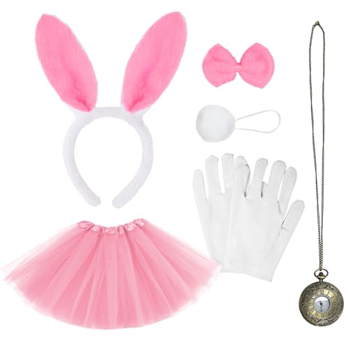 UILYNIU 6 Stücke Häschen Kostüm Zubehör Hasenohren Fliege Weiße Handschuhe Hasenschwanz Uhr Rosa Tutu Häschenkostüm Kinder Bunny Girl Cosplay für Ostern Welttag des Buches Halloween Party (Rosa) von UILYNIU