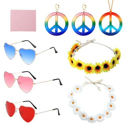 UILYNIU 7-teiliges Hippie-Kostüm-Set Hippie Costume Accessory Set for Women 60s 70s Dressing Accessories Hippie Party Accessories,inklusive Hippie-Brille,Friedenszeichen-Halskette (7 Stück) von UILYNIU