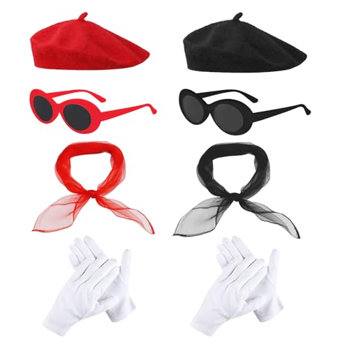 UILYNIU 8TLG Rockabilly Accessoires 50er Jahre Damen Kleid Zubehör 1950s Kostüm Set Sonnenbrille, Handschuhe,Baskenmütze,Schal,60er Jahre Kleidung für Motoparty Retro Teily Party (rot,schwarz) von UILYNIU