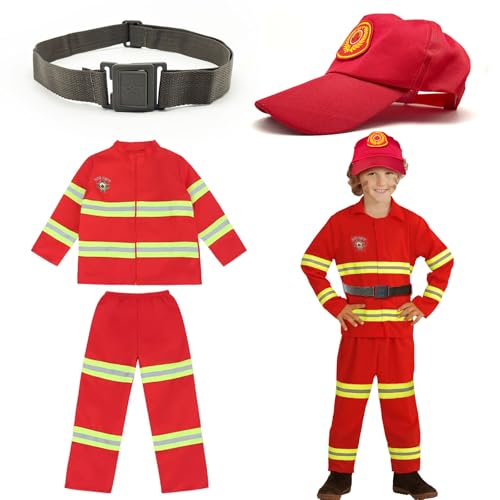 UILYNIU Feuerwehr Kostüm Set für Kinder, Feuerwehrmann Kostüm für Jungen Mädchen, Feuerwehrchef Cosplay Feuerwehr Rollenspiel Feuerwehrspielzeug, Spielzeug Zubehör für Cosplay Karneval Fasching von UILYNIU