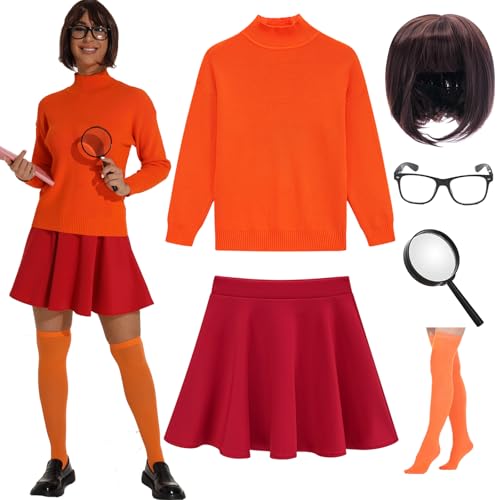 UIMLK Halloween-Kostüme für Paare, 2024, Velma, Cosplay-Outfit, oranger Rollkragenpullover mit Mini-Skaterrock, Orange/Abendrot im Zickzackmuster (Sunset Chevron), M von UIMLK