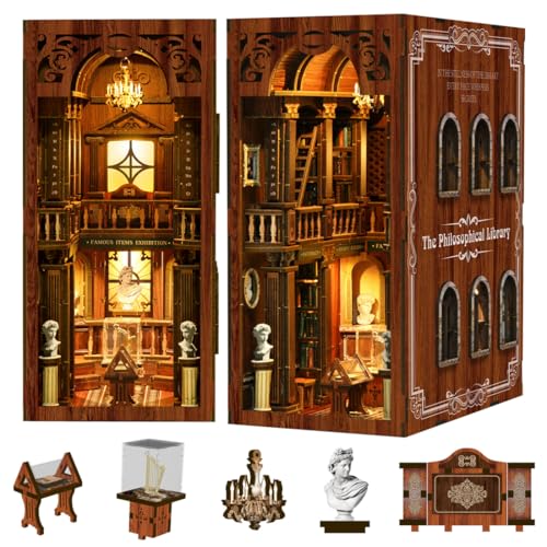 UINOFER Book Nook DIY Kit, Miniatur Puppenhaus Holz Haus, Miniatur Kit für Erwachsene, 3D Holzpuzzle Buchstützen aus Holz, Modellbausätze für Erwachsene Teens zum Bauen (Philosophical Library) von UINOFER