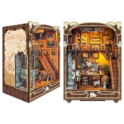 UINOFER Holz Book Nook Kit, Miniatur Puppenhaus Haus, Miniatur Kit 3D Holzpuzzle Buchstützen aus Holz, Modellbausätze für Erwachsene Teens zum Bauen (Caramel Dream) von UINOFER