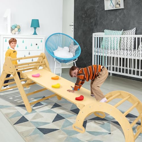 UISEBRT 3-in-1 Klettergerüst Set für Kinder, Montessori Kletterdreieck mit Rutsche, Kletterbogen und Kletterleiter, Holzspielplatz Indoor & Outdoor, für Kleinkinder ab 1 Jahr von UISEBRT