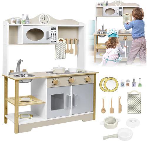 UISEBRT Kinderküche Holz Spielküche für Kinder ab 3 Jahren 65 x 24 x 85 cm Kinder Küche Babyspielzeug Kinderspielzeug Holzküche Set mit Komplett Zubehör von UISEBRT