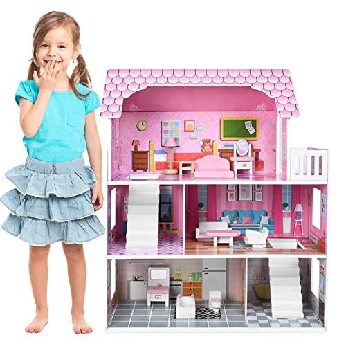 UISEBRT Puppenhaus Holz Puppenvilla mit 3 Etagen Möbeln und Zubehör, Dollhouse Mädchen Spielset für Kinder ab 3 Jahren, Typ A von UISEBRT