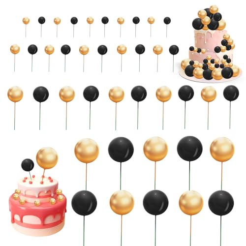 UKOFEW Tortendeko Kugeln Cake Topper, Kuchen Dekoration Kugel, DIY Kuchen Topper, Happy Birthday Tortendeko, Kuchen Deko für Geburtstag Hochzeit Babyparty (Golden Schwarz，40PCS) von UKOFEW