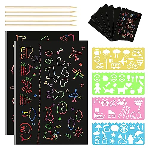 UKOFEW 50 Blätter Kratzbilder Set zum Zeichnen, Regenbogen Kratzpapiere für Kinder, Scratch Art Paper für Kinder, mit Schablonen, zum Zeichnen und Basteln, Kratzbuch Mädchen/Jungen (18,3 x 12,3cm) von UKOFEW