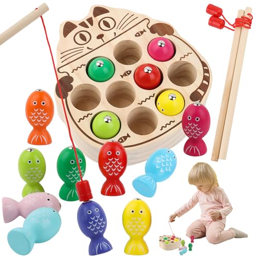 UKOFEW Magnetische Angelspiel Holzspielzeug, Kinderspielzeug ab 2 Jahre Holz Angelspiel, Holz Angelspiel für Kinder, mit 10 Fische und Zwei Angelruten, für Junge und Mädchen ab 3 4 5 6 Jahre von UKOFEW