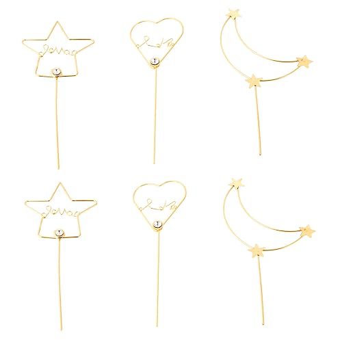 ULDIGI 6pcs Strass Cake Topper Kreative Kucheneinlage Topper Mode Kuchen Picks Kuchen Dekoration Golden (mondform, Sternform, Herzform Für Jeweils 2pcs) von ULDIGI