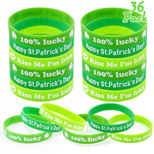 WESJOY St. Patrick's Day Kleeblatt-Armreif, grün, irische Gummi-Armbänder, Armband für Kinder, Schule, Party, Gastgeschenke, Zubehör, 36 Stück von UMEELR