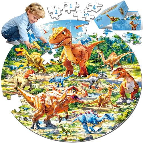 72-teiliges Rundpuzzle für Kinder im Alter von 4–6 und 6–8 Jahren, Dinosaurier-Bodenpuzzle für Kinder im Alter von 3–5 Jahren, Kinderpuzzle-Spielzeug für 5–8-Jährige von UMEREACT