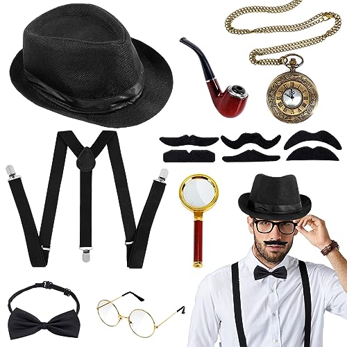 20er Jahre Kostüm Herren Gatsby, Peaky Blinders Kostüm mit Hut Brille Hosenträger Halsschleife Lupe Bart Taschenuhr, 20er Jahre Accessoires Herren Set für Retro Cosplay Karneval Halloween Party von UMILKI