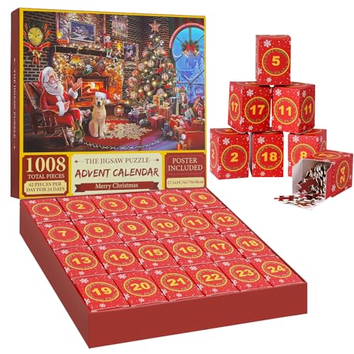 Puzzle Adventskalender 2024, 24 Schachteln Weihnachts-Countdown-Puzzles mit 1008 Teilen, Heimdekoration, Erwachsene von UMavlesFrd