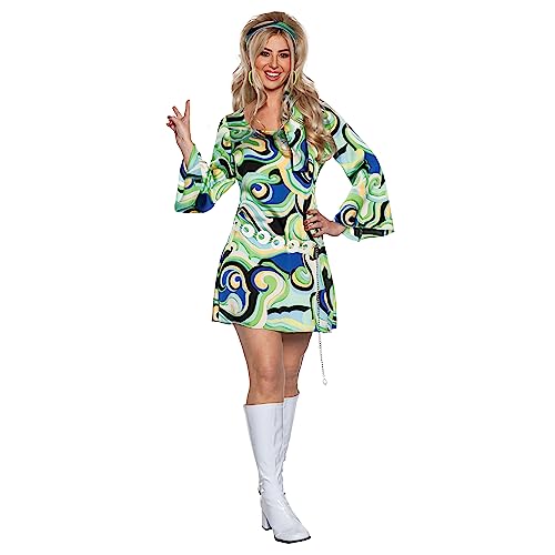 UNDERWRAPS Green Swirls 60er Jahre Kleid - Swinging Sixties 70er Jahre Kleid Halloween Kostüm Damen 60er Jahre Disco Hippie Outfits für Mädchen (Grüne Wirbel, Large 12-14) von UNDERWRAPS