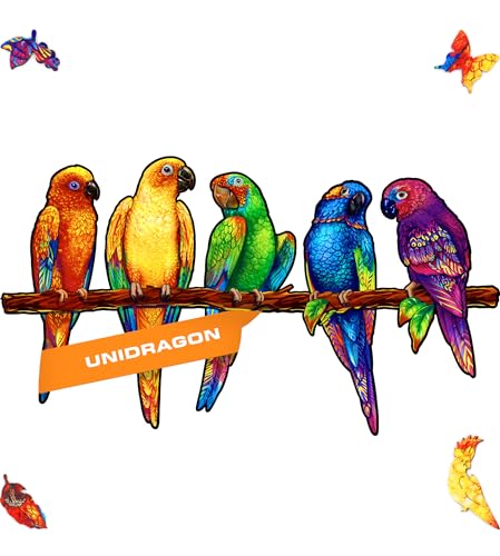 UNIDRAGON Original Holzpuzzle — Verspielte Papageien, 620 Teile, Royal Größe 28.4 x 15.9 Zoll (72 x 40 cm) Schöne Geschenkverpackung, Einzigartige Form Erwachsene und Kinder von UNIDRAGON