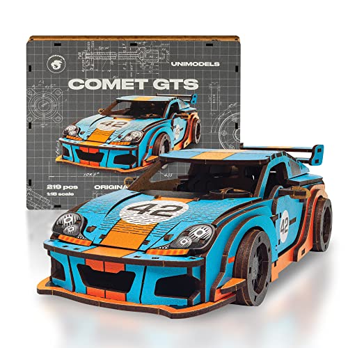 UNIDRAGON Original 3D Holzpuzzle - 219 Teile, UniModels Comet GTS Blau-Orangen, 26.8 x 13.3 x 7.8 cm, Geschenke für Männer, Jungen, Modellbausatz Erwachsene von UNIDRAGON