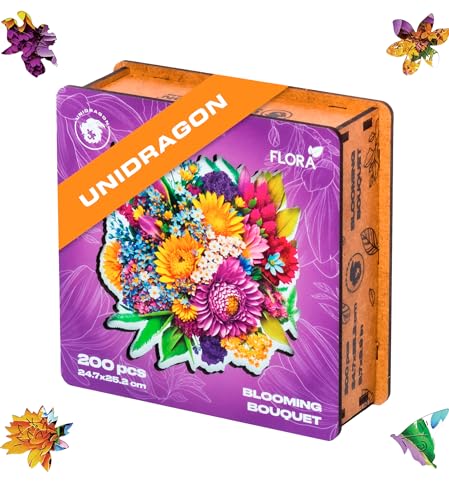 UNIDRAGON Original Holzpuzzle - Flora Blühender Strauß, 200 Teile, 9.7 х 9.9 Zoll (24.7 х 25.2 cm) Schöne Geschenkverpackung, Einzigartige Form Erwachsene und Kinder. von UNIDRAGON